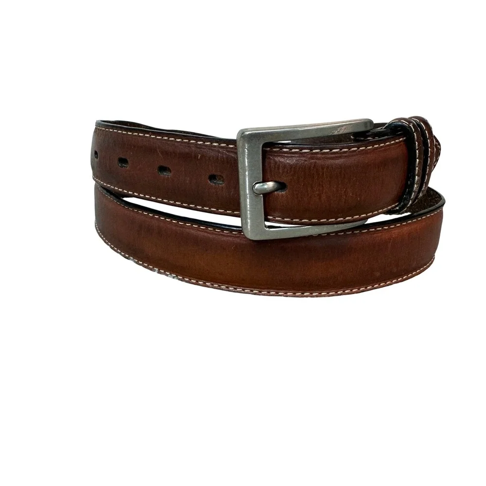 Mens Brown Leather Belt White Contrast Stitching Silver Buckle 48 Inch
